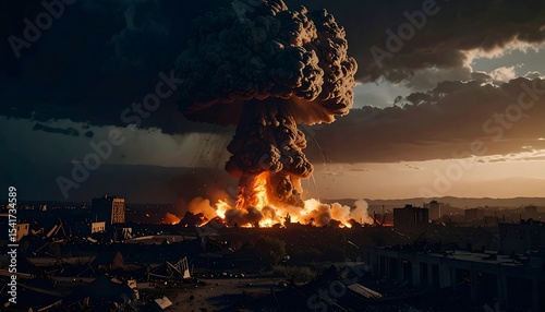 Nuclear Explosion Over Destroyed Cityscape with Fire Cloud