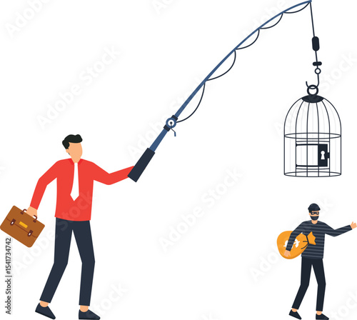 Businessman Fishing for Locked Assets, Thief Stealing Money, businessman, fishing rod to retrieve, locked asset cage, thief escapes, bag of money, cybersecurity, data protection, fraud prevention, 