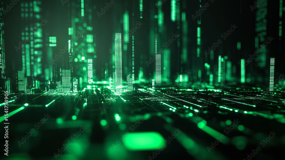 Obraz premium Digital cityscape glowing in green light with 3D structures and patterns detailing urban technology in a futuristic setting