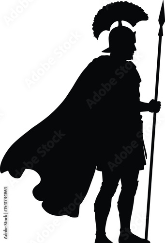 Ancient Roman soldier silhouette with cape and spear, warrior character design, historical vector illustration for military, empire, history theme, classic warfare art, legion defense