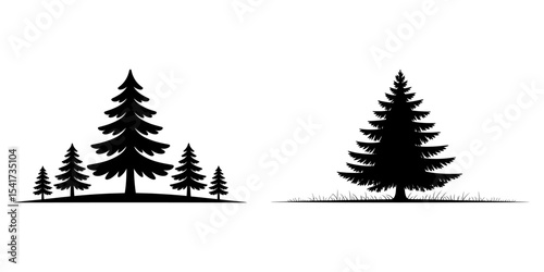 Silhouettes of Pine Trees on Grass. Evergreen Landscape Vector Set