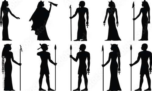 Ancient Egyptian figures silhouette collection, pharaohs and priestesses, hieroglyphic character set, black vector art with staffs, ankhs, and traditional clothing for history, mythology, and design