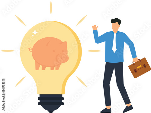 Businessman Idea, briefcase, excitedly pointing towards a light bulb containing a piggy bank,savings, investment ideas,growth strategies, financial planning tips, great for infographics, presentations