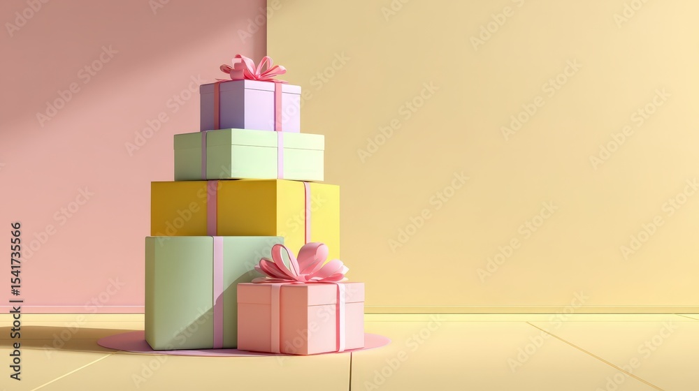 Fototapeta premium Stack of Pastel Gift Boxes with Bows on Yellow Floor in Minimalist Setting Perfect for Holidays or Celebrations