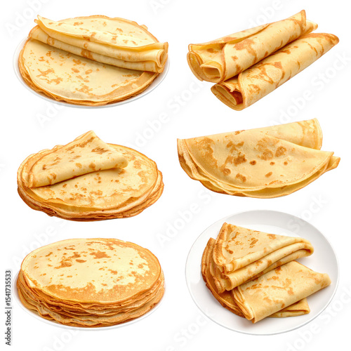 Assorted stacked and folded thin crepes or pancakes served on plates and a white background with close-up views showcasing their golden crispy texture and delicate folding