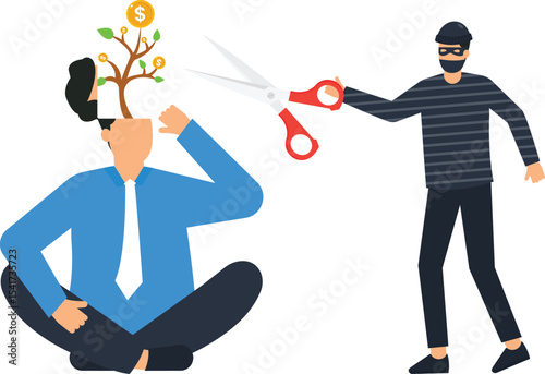 Thief Stealing Money Tree from Businessman's Head, investment loss, stolen ideas, fraud, intellectual property theft, economic downturn, financial crime, create engaging visuals,