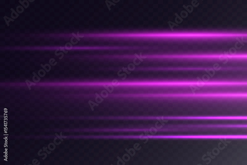 Horizontal lens flares lights purple color. Flash purple motion line. Vector.