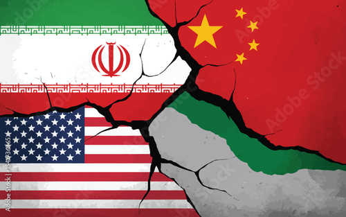 geopolitical conflict concept showing cracked flags of iran, china, usa, and uae symbolizing global tensions, alliances, and rivalry