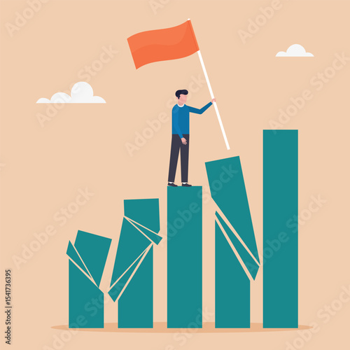 Winner in business. Successful character on stand, strong bar chart, domino collapse, winner takes all. Survival in business competition. Vector illustration.	