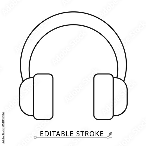 Headphones icon in minimal line style with editable stroke. Audio accessory, music listening device, sound symbol for media content, digital communication, entertainment visuals and streaming design.