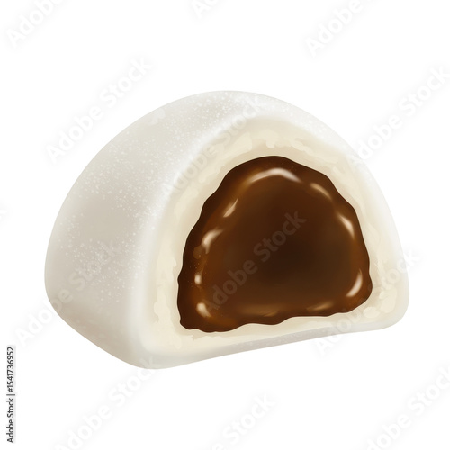 Close-up of a delicious, half-eaten mochi dessert with chocolate filling