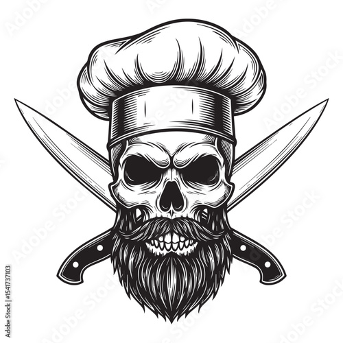 Vector illustration of grim chef skull with knives and beard in black and white