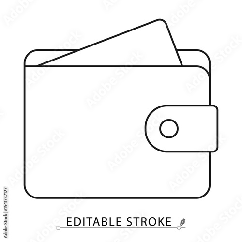 Wallet icon in minimal line style with editable stroke. Money holder, personal finance symbol, leather wallet with cash for payment visuals, banking, shopping, savings and transaction design.