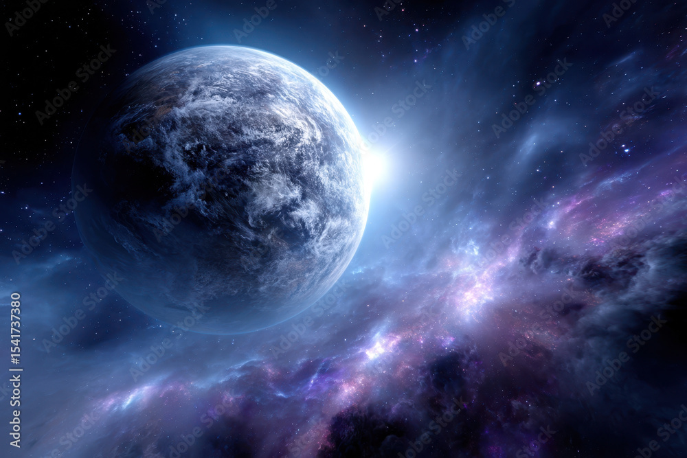 Obraz premium Cosmic view of a distant planet surrounded by vibrant nebulae in space