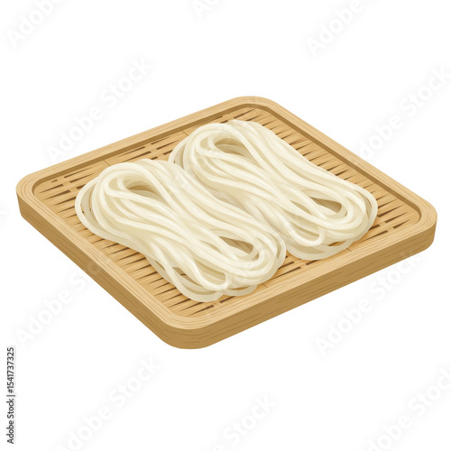 Two portions of thick, white udon noodles on a light brown bamboo tray