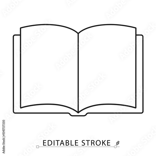 Open book icon in minimal line style with editable stroke. Reading object, knowledge source, education and learning element for study visuals, library themes, literature concept and academic design.