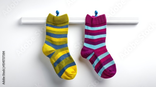 Striped yellow and magenta socks hanging side by side from blue pegs