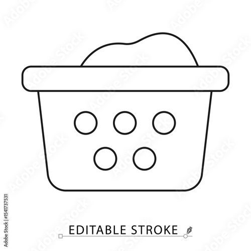 Laundry basket icon in minimal line style with editable stroke. Washing container, home cleaning symbol, laundry item for housework visuals, textile care, domestic routine and household task design.