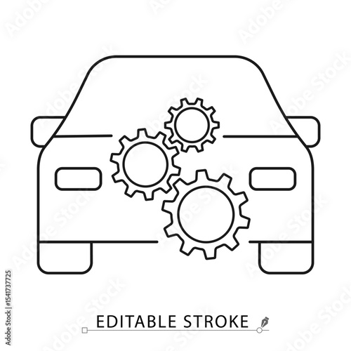 Car service icon in minimal line style with editable stroke. Vehicle with gears, symbol of auto maintenance, technical repair, mechanical diagnostics, car tuning and automotive engineering concept.