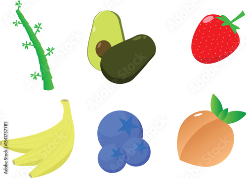 Colorful vector set of fruit and plant illustrations including bamboo, avocado, strawberry, banana, blueberry, and peach on white background, suitable for food icons, stickers, or educat