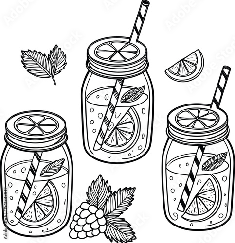 A vibrant collection of cartoon food and drink icons, including sweet fruit, vegetable, milk, juice, and breakfast items in jars, bottles, and cups