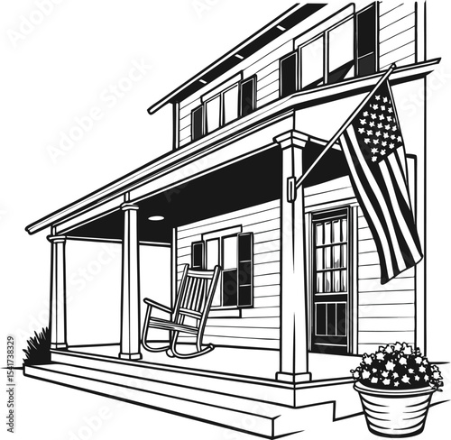 A vector sketch of an old architectural house with a roof and windows, a black and white cottage building exterior design drawing