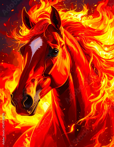 Portrait of red fire horse with flaming mane on fire background - symbol of 2026 year according to oriental calendar. AI, Illustration, Generation, Generated image.