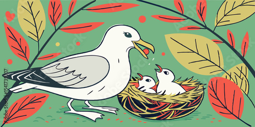 white  mother bird feeding chicks love , affection and interest animals  green background vector illustration .
