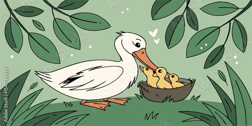 white  mother bird feeding chicks love , affection and interest animals  green background vector illustration .
