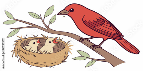 Red mother bird feeding chicks love , affection and interest animals  white background vector illustration .
