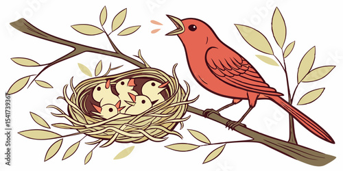 Red mother bird feeding chicks love , affection and interest animals  white background vector illustration .

