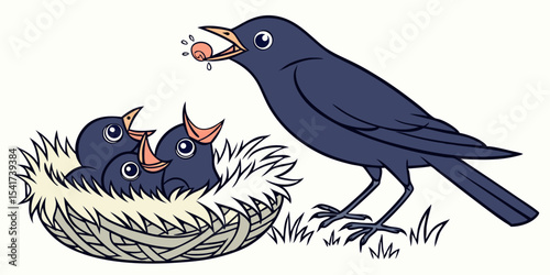Green mother bird feeding chicks love , affection and interest animals  white background vector illustration .

