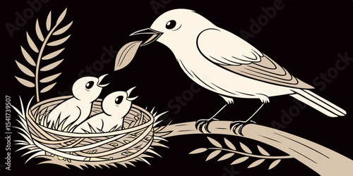 white mother bird feeding chicks love , affection and interest animals  black background vector illustration .
