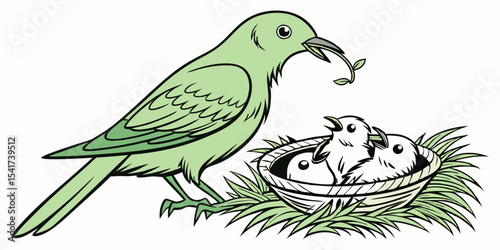 Green mother bird feeding chicks love , affection and interest animals  white background vector illustration .
