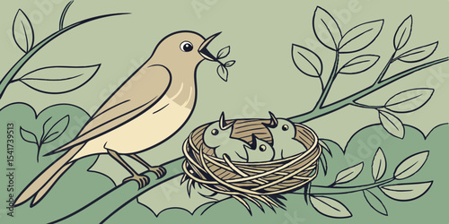 Green mother bird feeding chicks love , affection and interest animals green  background vector illustration .
