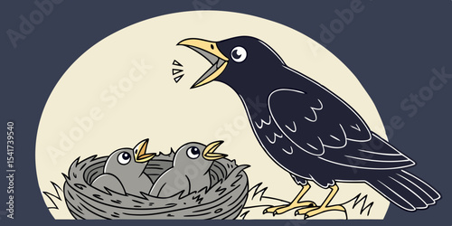 Navy blue mother bird feeding chicks love , affection and interest animals  navy blue background vector illustration .
