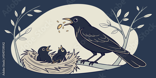 Navy blue mother bird feeding chicks love , affection and interest animals  navy blue background vector illustration .
