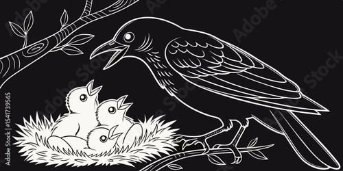 Black mother bird feeding chicks love , affection and interest animals  black background vector illustration .
