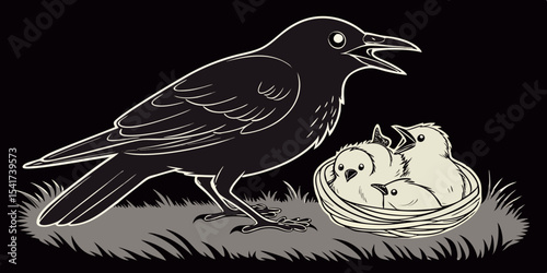 Black mother bird feeding chicks love , affection and interest animals  black background vector illustration .
