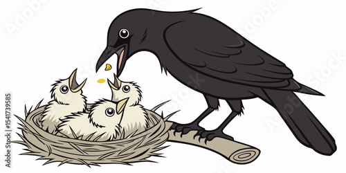 Black mother bird feeding chicks love , affection and interest animals  white background vector illustration .
