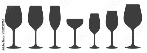Set of different wine glasses icon symbols. Vector illustration image. Wine glass silhouette shape sign. Isolated on white background.