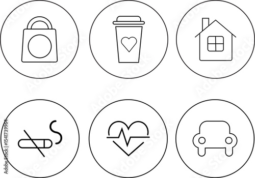 "Collection of wellness lifestyle icons including shopping, coffee, home, no smoking, heart health, and transport symbols, transparent background."