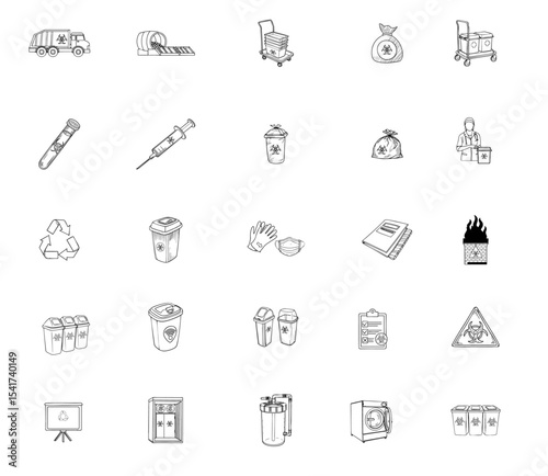 Biohazard waste disposal medical icons show safe handling and proper management methods