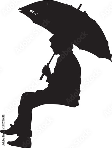 Silhouette of Person Sitting Under Rain, Holding a Black Umbrella