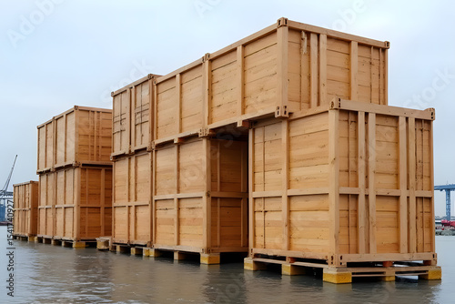 Transportation of goods by ship Brown wooden crates in bulk are very popular and are easy to order online. from people all over the world