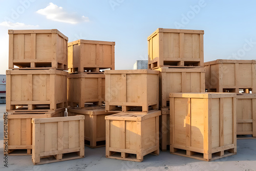Transportation of goods by ship Brown wooden crates in bulk are very popular and are easy to order online. from people all over the world