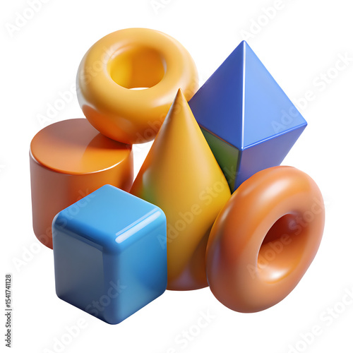 Plastic 3D Cube Cylinder Cone Sphere Geometric Shapes Illustration