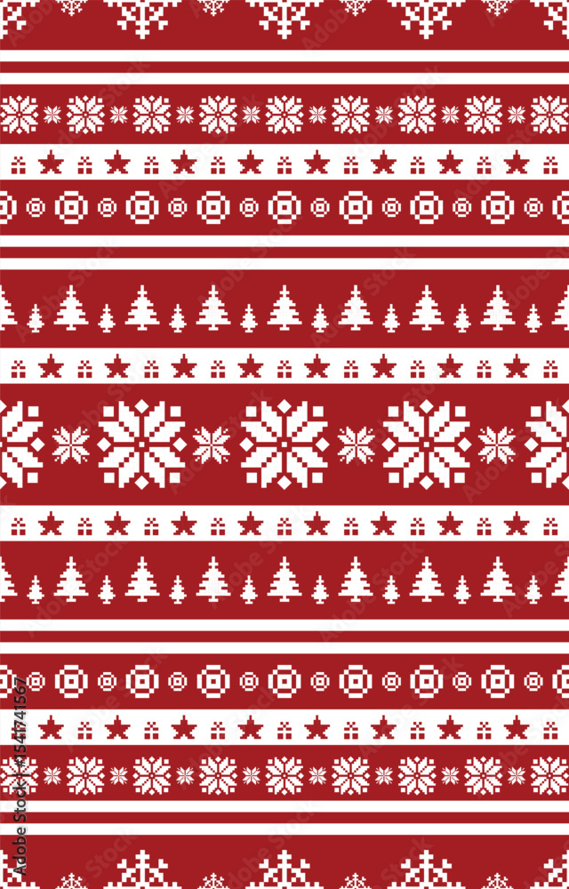 Φωτογραφία Christmas and New Year green and white seamless pattern, fairytale pixel pattern in white and green with Nordic snowflakes for winter hats, ugly sweaters, jumpers