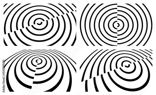 Circular black and white pattern cut in half and offset. Abstract striped background. Cover design template. Vector illustration for brochure, poster, presentation, flyer or banner.