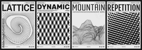 Rocks, mountains and hills. Surreal landscape background. Terrain. Cyberspace grid. Geometric pattern. A three-dimensional shape curled into a circle. Cover design template for brochure, poster, flyer